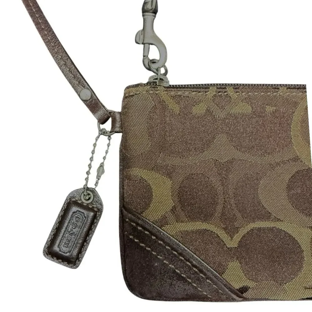 Coach Signature Optic C Tan Brown Jacquard Leather & Suede Wristlet Y2K Mini